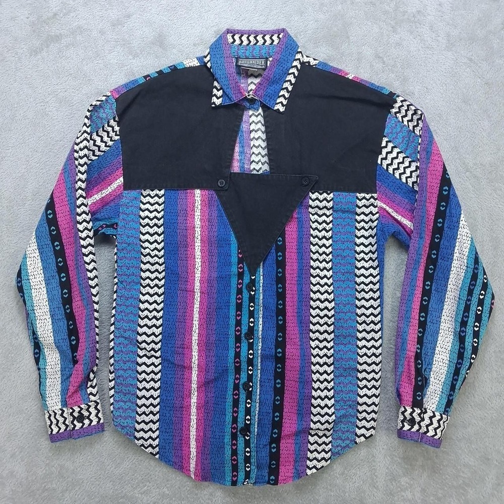 Vintage Roughrider Womens Western Shirt Aztec Geometric Pearl Snap Long Sleeve